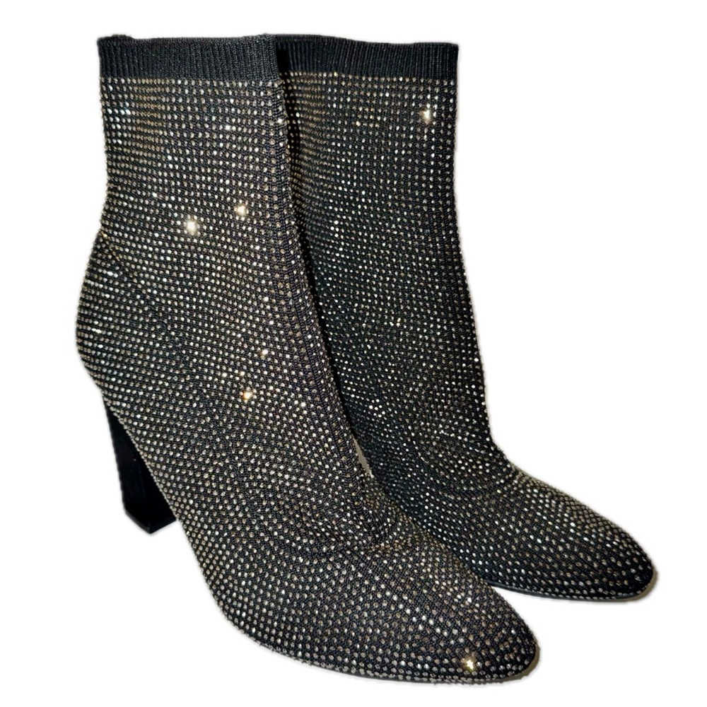 Black Stretch Pointed Toe Block Heel Rhinestone Booties, Sz 8M